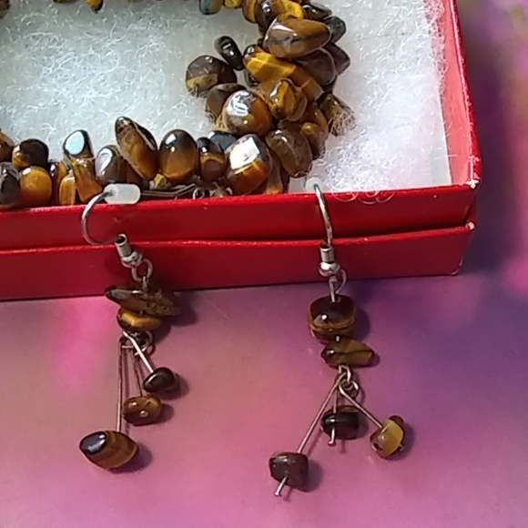 Necklace Earring Bracelet Set, Brown Stones - Picture 3 of 5